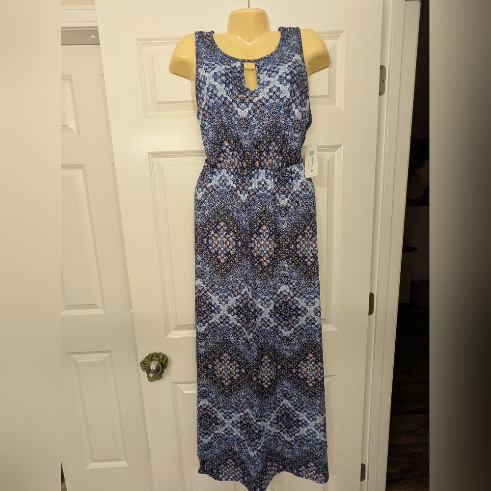 French Grey Blue and White Maxy Dress Sz XL Stretch Comfy